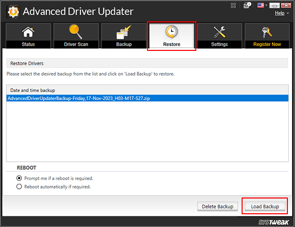 Select the backup of the respective date and click on Load Backup button. Select the backup of the respective date and click on Load Backup button.