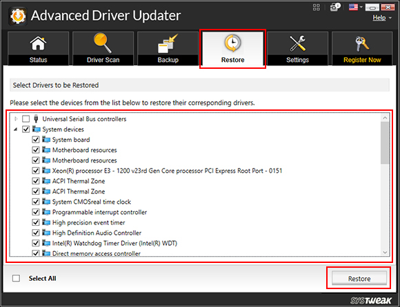 Now, check mark the device driver you wish to restore and click on Restore button. Now, check mark the device driver you wish to restore and click on Restore button.