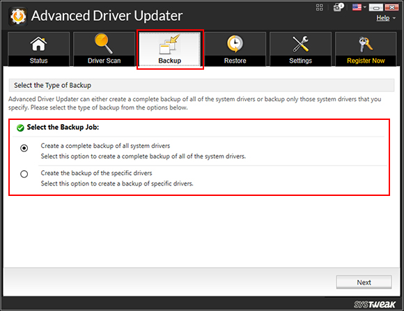 Here, select the type of backup you wish to take, whether a full backup or backup of specific drivers and click Next. Here, select the type of backup you wish to take, whether a full backup or backup of specific drivers and click Next.