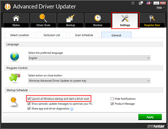 Click on the Settings > General tab and uncheck the setting 'Launch at Windows startup and start a driver scan'. Click on the Settings > General tab and uncheck the setting 'Launch at Windows startup and start a driver scan'.