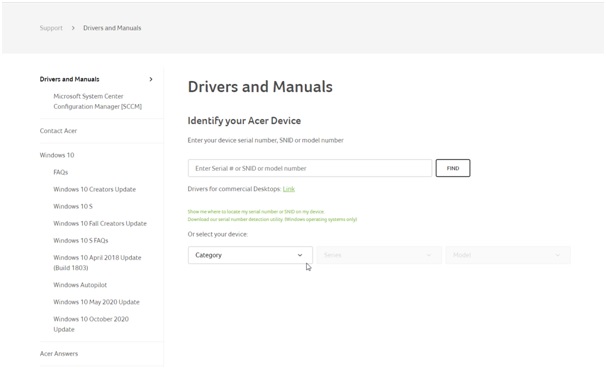 drivers and manual option acer website