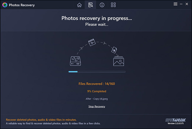 After the location to recover photos, videos, or audio files is selected, Photos Recovery will start the recovery process