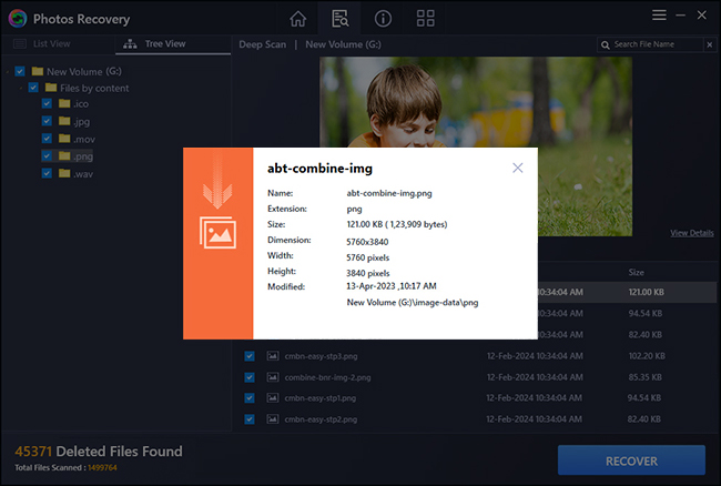 Clicking View Details next to the images, audio, or video files, shows file Metadata.