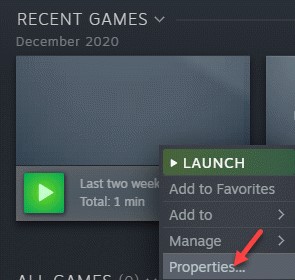 Right-click on game and select properties