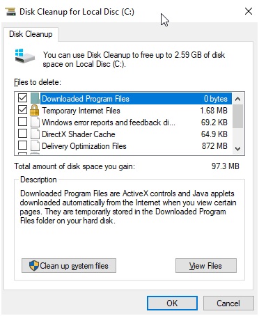 list of data taking up space and size