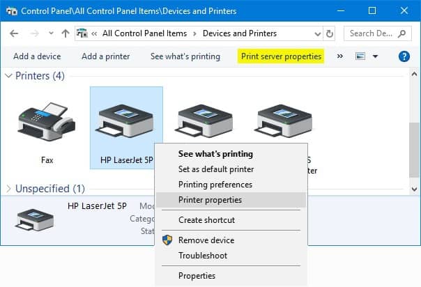 Right Click on available HP Printer