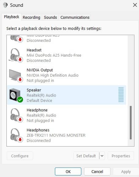 sound configuration pop-up