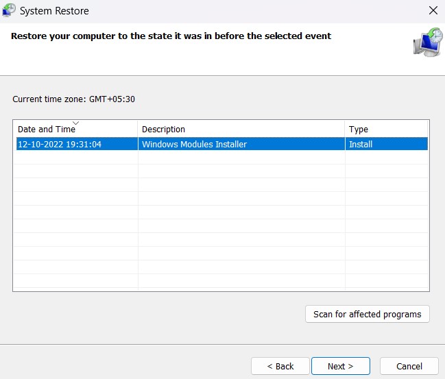 system restore