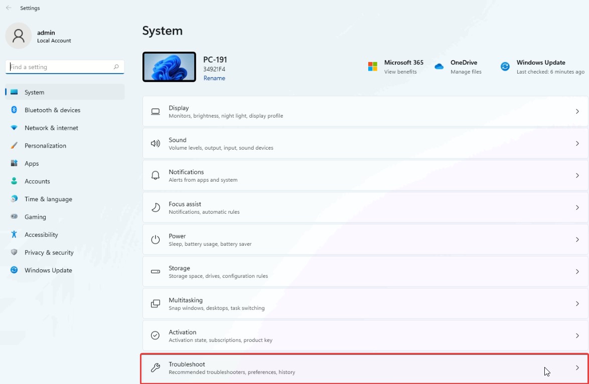 Troubleshoot option