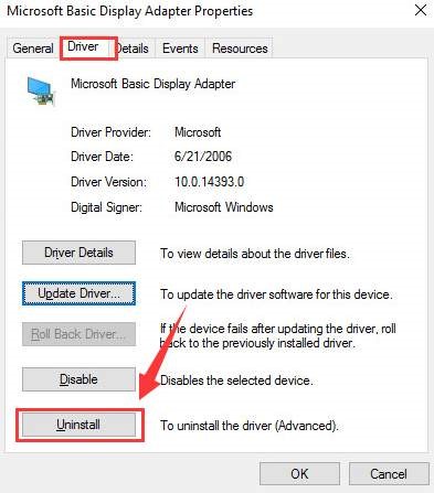 driver tab click uninstall