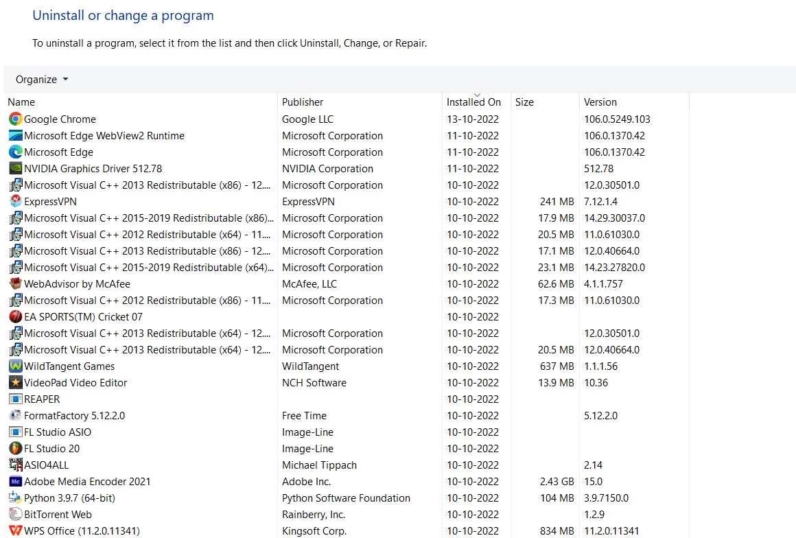 unistall programs