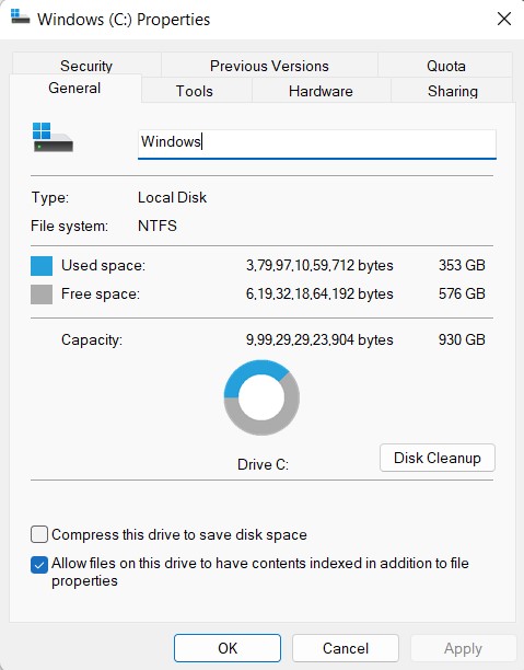 windows drive propriety