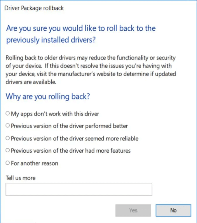  driver package rollback
