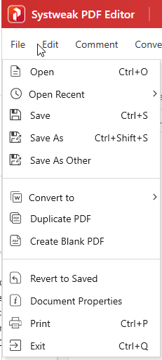 File menu_Systweak PDF Editor
