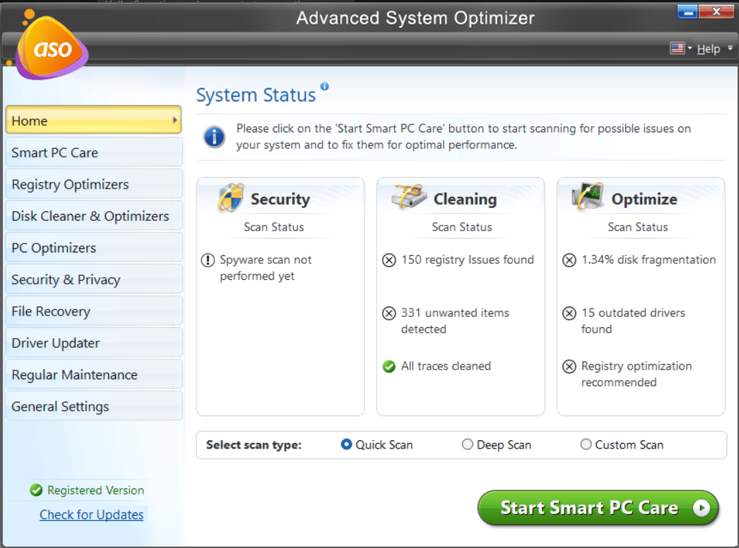 advanced system optimizer home screen