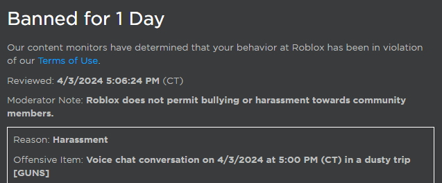 banned for 1 day