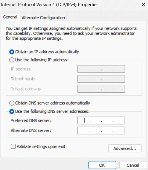 check mark on use the following DNS address
