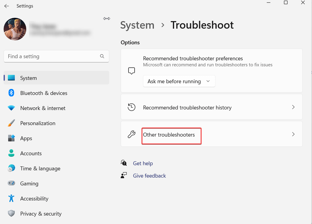 Click on Other troubleshooters