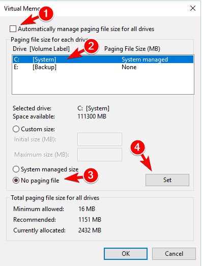 no paging file