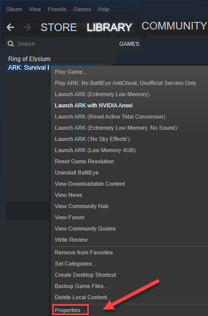 Properties option after selecting ARK Survival Ascended in Steam