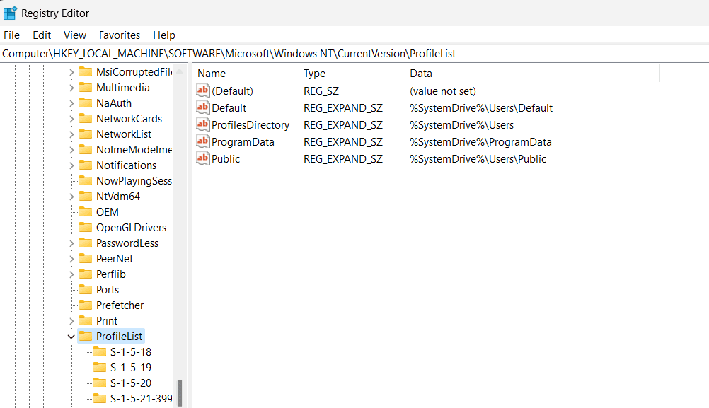 registry editor - profilelist