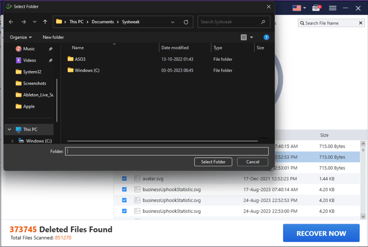 select folder to recover file