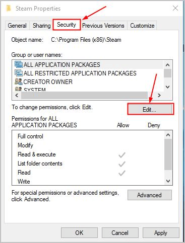 Steam properties security tab