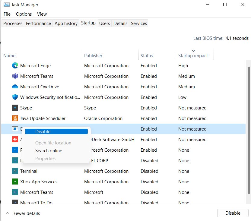 Task manager- startup tab