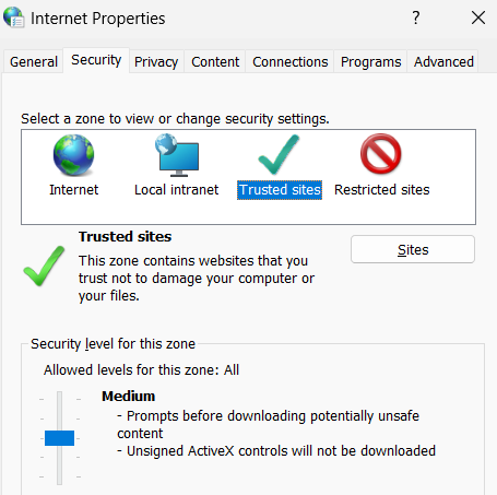 Trusted Sites tab