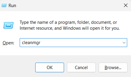Type command in run search bar to bring disk clean-up utility