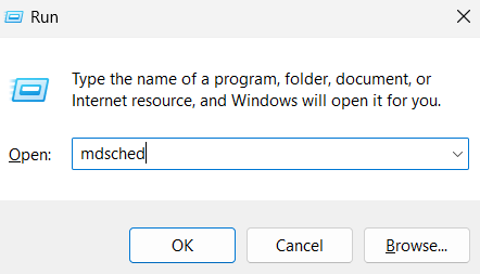 Type command in run search bar to bring up pop-up for Windows Memory Diagnostic
