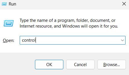 Type Control command in Run Search Bar