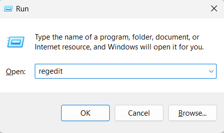 use command regedit in run search bar